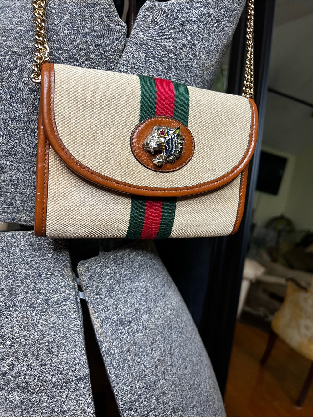GUCCI RAJAH MINI CROSSBODY CANVAS WEB CHAIN CROSSBODY BAG